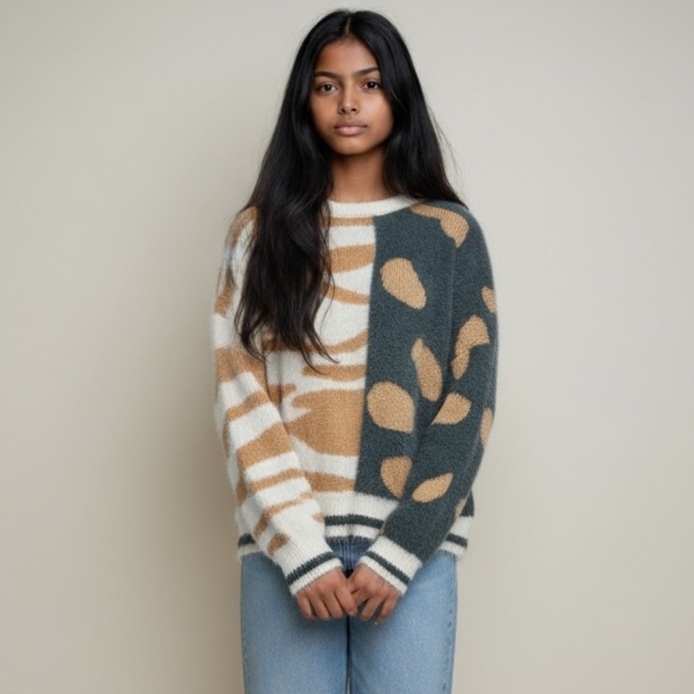🌻Anthro Gilli Fuzzy Knit Animal Multi-Print Sweater | Size Medium